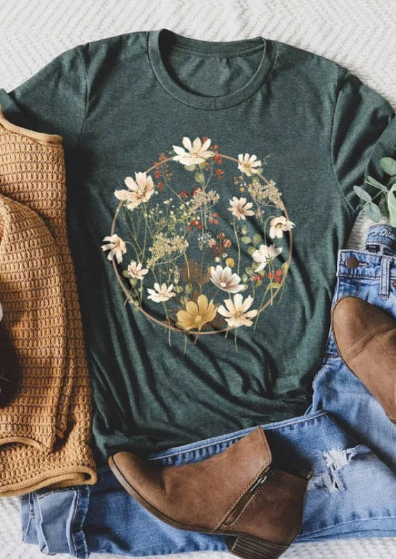 

T-shirts Tees Floral Short Sleeve O-Neck T-Shirt Tee in Blue. Size