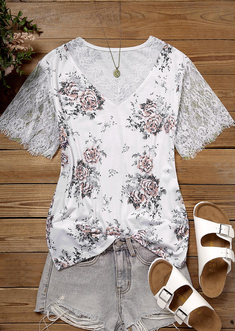 

Blouses Floral Lace Splicing Casual Blouse in White. Size