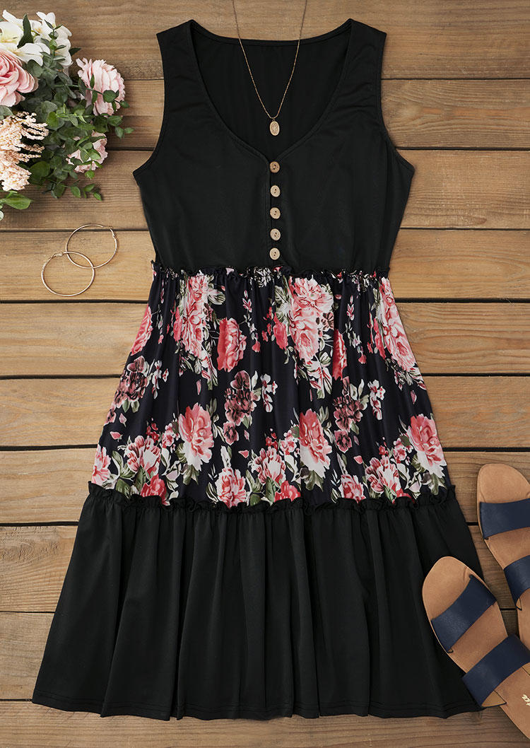 

Mini Dresses Floral Color Block Button Ruffled Mini Dress in Multicolor. Size: M,,XL