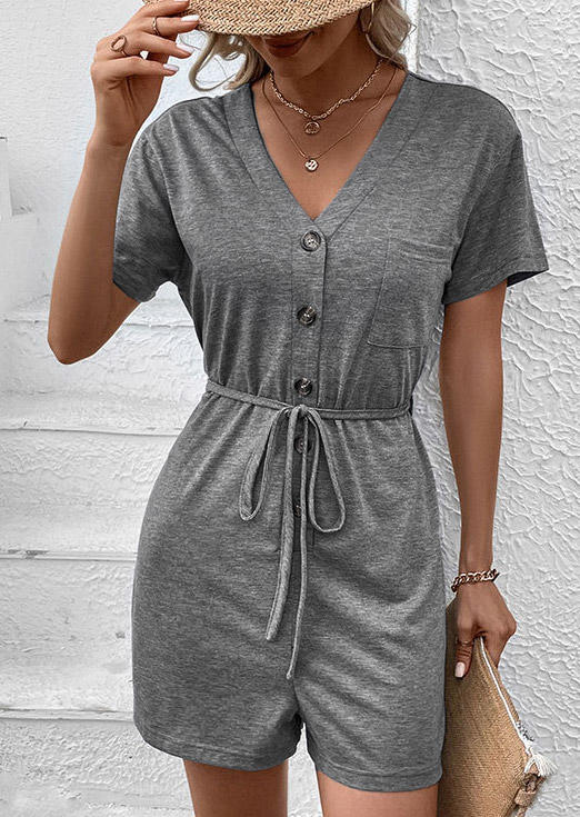 Button Pocket Drawstring Romper - Gray