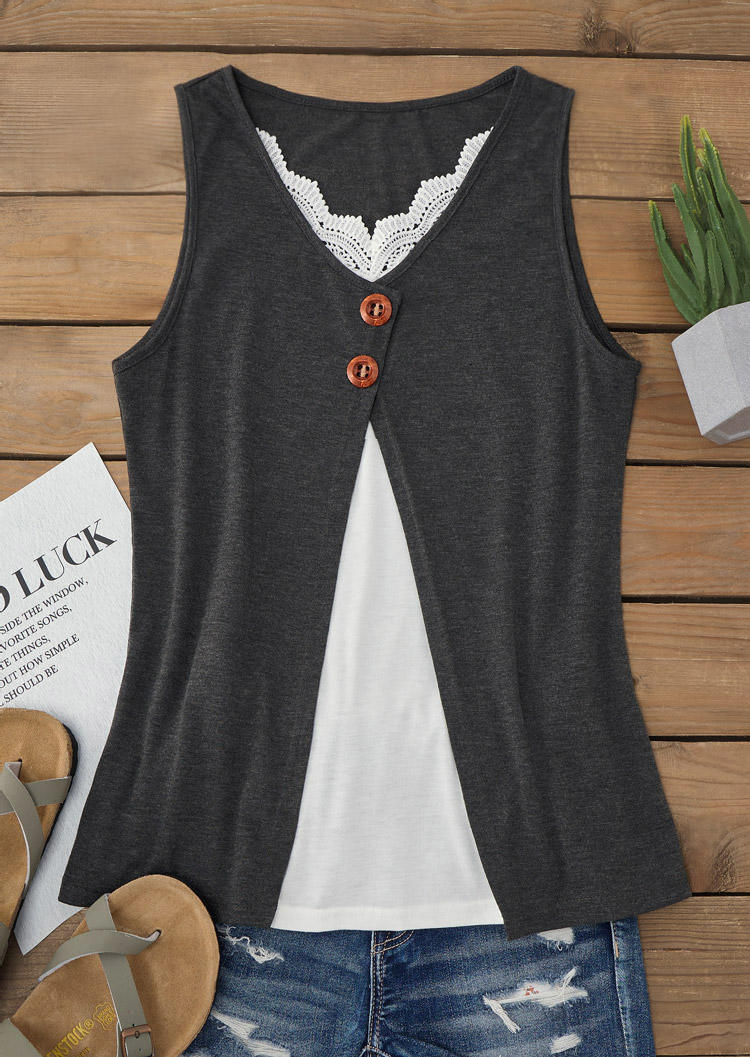 

Tank Tops Color Block Lace Splicing Button Fake Two-Piece Tank Top in Multicolor. Size