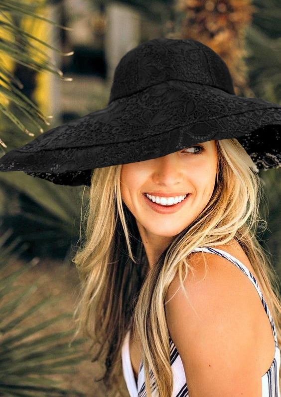 

Hats Lace Splicing Elegant Big Brim Visor Sun Hat in Black. Size