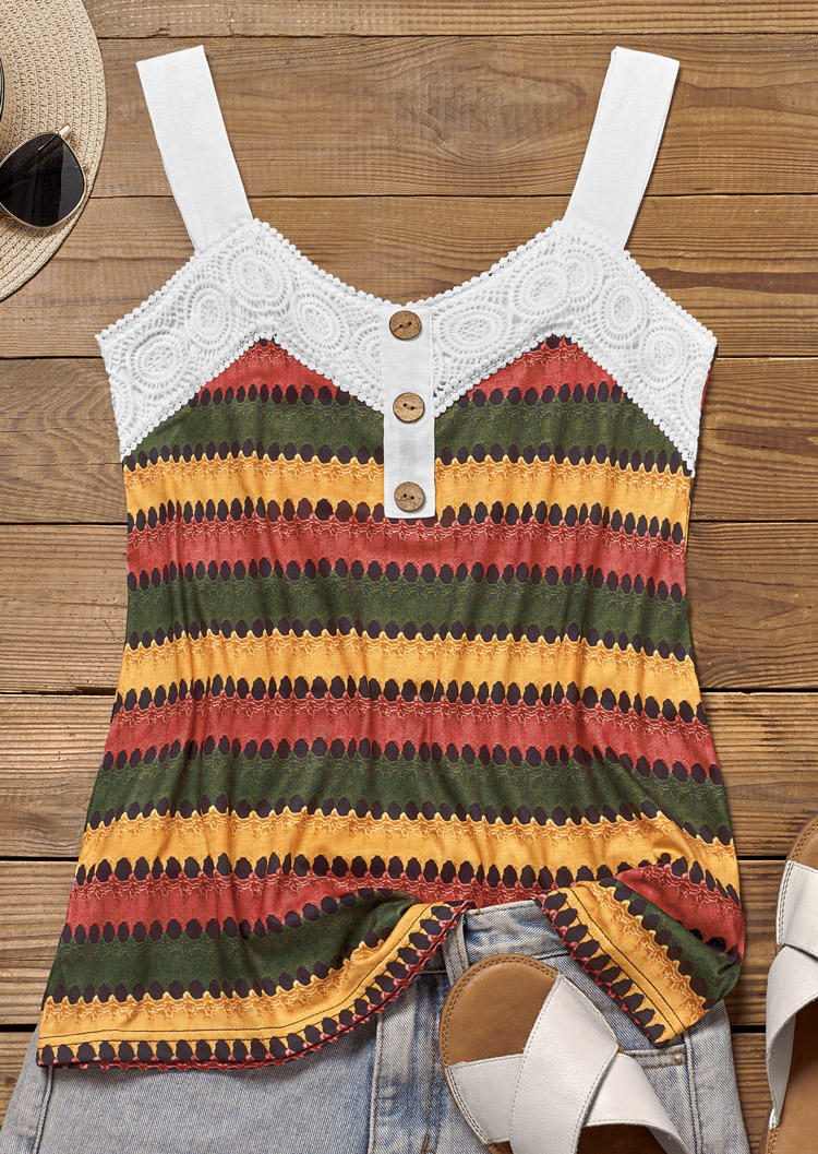 

Tank Tops Color Block Lace Splicing Button Tank Top in Multicolor. Size: L,M,,XL