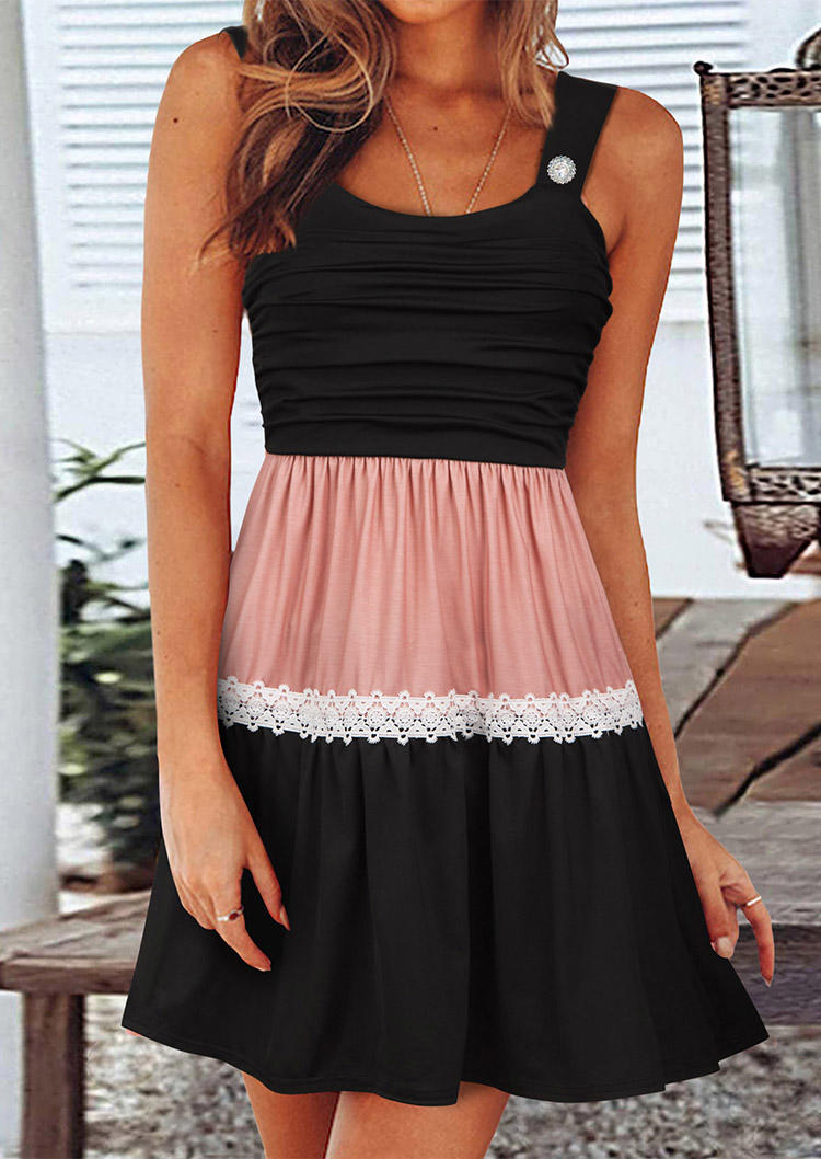 Color Block Button Ruched Lace Splicing Mini Dress - Black