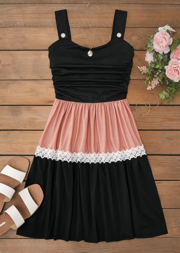 

Mini Dresses Color Block Button Ruched Lace Splicing Mini Dress in Black. Size