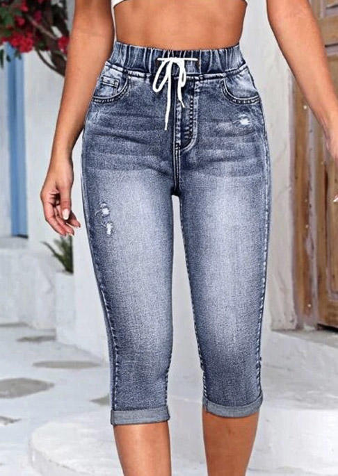 

Pants Pocket Ripped Hole Drawstring Capri Pants in Blue. Size: M