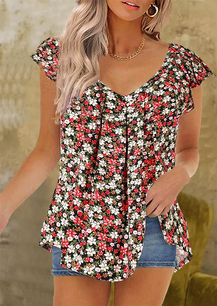 

Blouses Ditsy Floral Ruffled V-Neck Blouse in Multicolor. Size