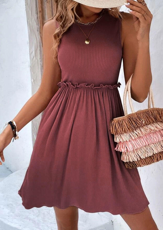 

Mini Dresses Ruffled Ribbed Sleeveless Mini Dress - Cameo Brown in Brown. Size: L,M,,XL