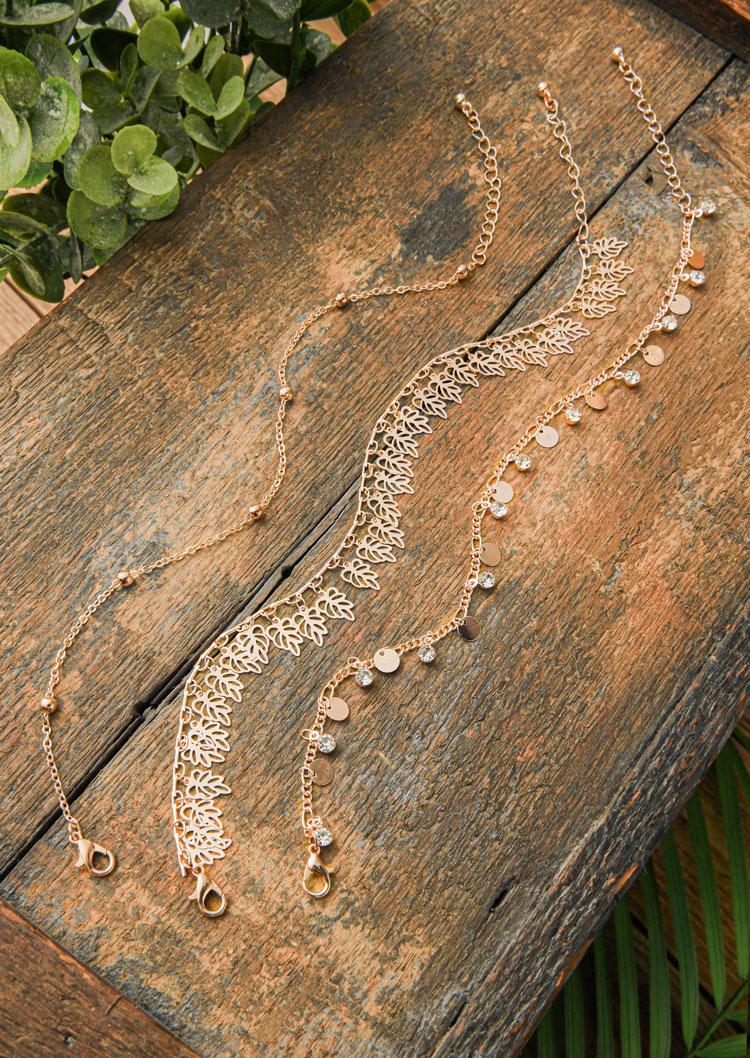 

Body Jewelry 3Pcs Leaf Rhinestone Sequined Bohemian Anklet Set in Gold. Size