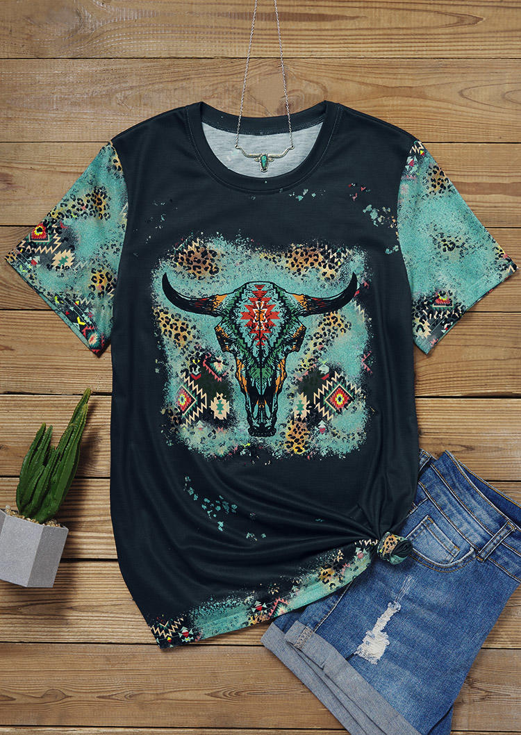 

T-shirts Tees Aztec Steer Skull Leopard Bleached T-Shirt Tee - Navy Blue in Blue. Size