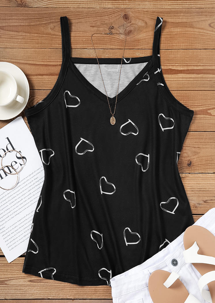 

Tank Tops Heart V-Neck Casual Camisole in Black. Size