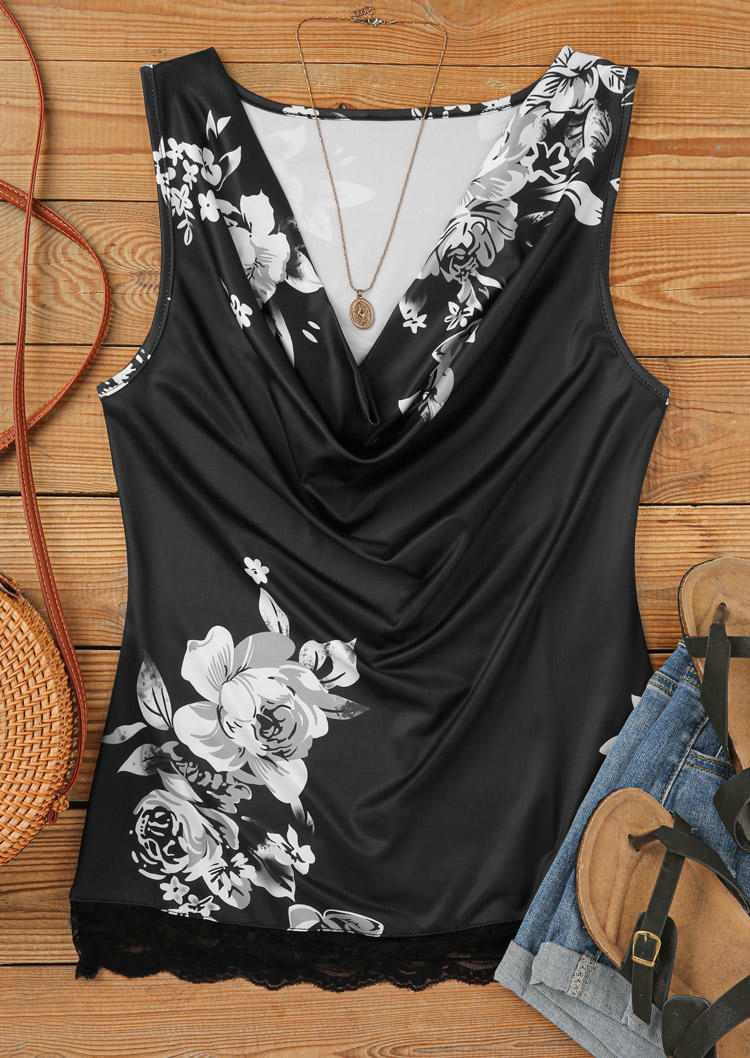 

Tank Tops Floral Lace Splicing Draped Tank Top in Black. Size