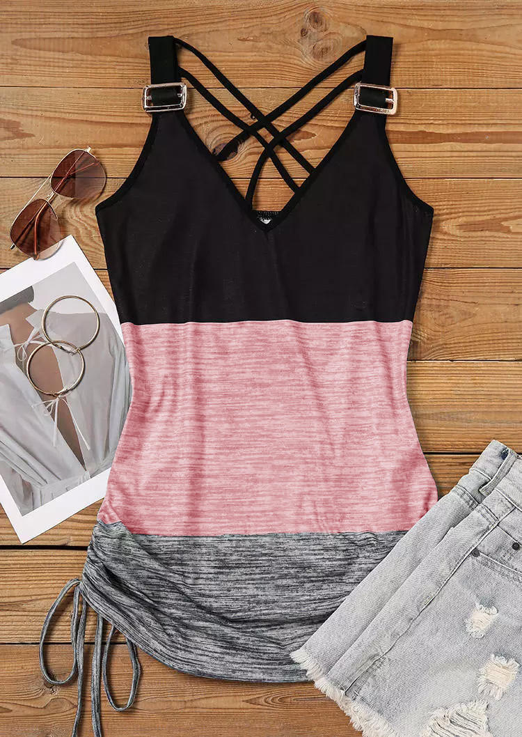 

Tank Tops Color Block Criss-Cross Ruched Tank Top in Multicolor. Size: 2XL