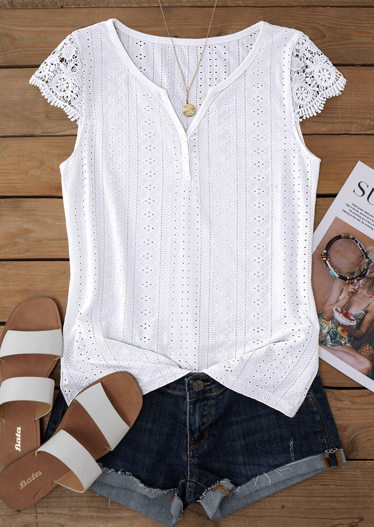 

Blouses Lace Splicing Button Notched Neck Blouse in White. Size