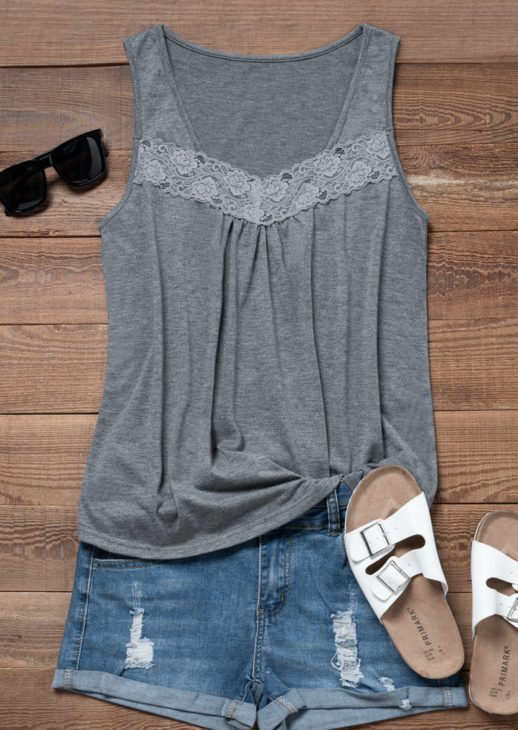 

Tank Tops Lace Splicing Ruffled Tank Top in Gray. Size: M