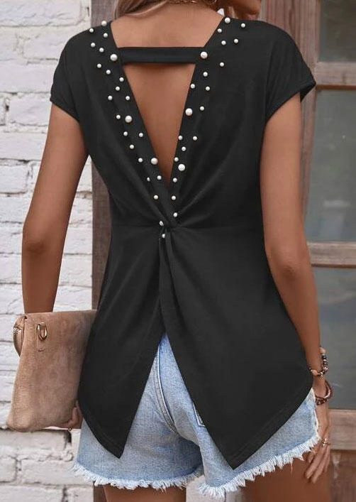 

Blouses Pearls Hollow Out Twist Blouse in Black. Size: L,M,,XL