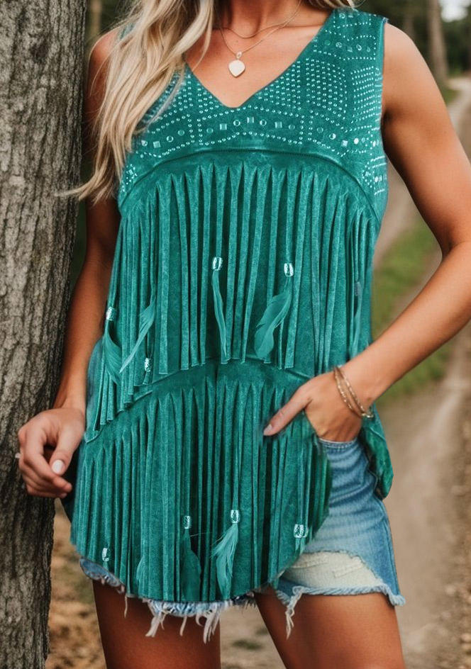 

Tank Tops Western Geometric V-Neck Tank Top - Cyan in Blue. Size: L,M,,XL