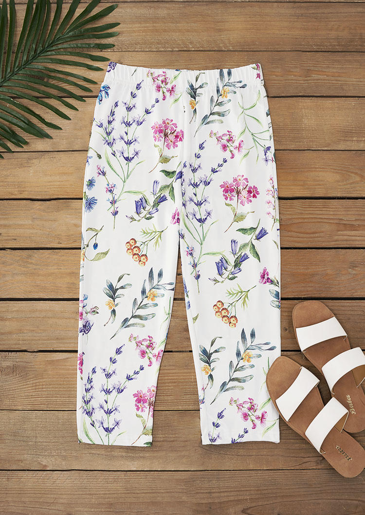 

Pants Floral Elastic Waist Casual Capri Pants in Multicolor. Size