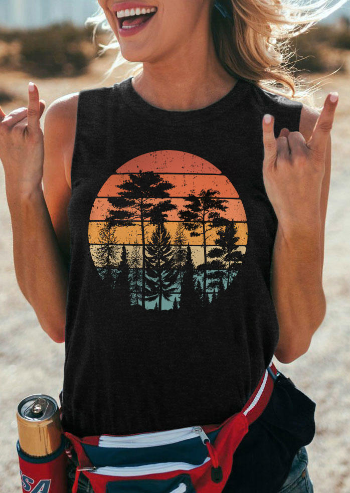 

Tank Tops Sunset Tree O-Neck Casual Tank Top in Black. Size