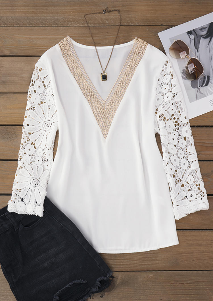 

Blouses Hollow Out Lace Splicing Blouse in White. Size