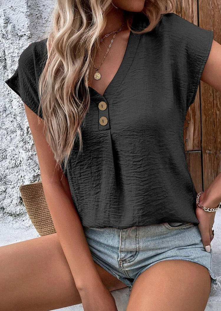 

Blouses Button Short Sleeve V-Neck Blouse in Black. Size: L,M,,XL