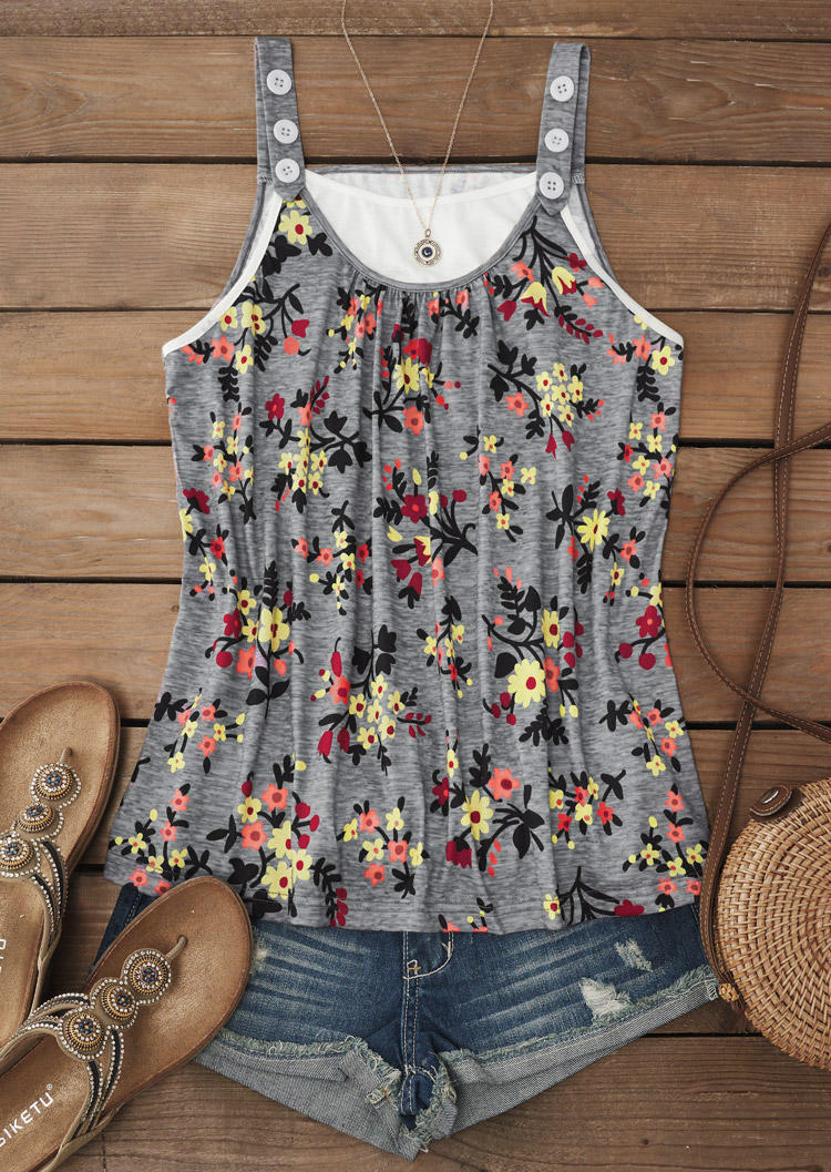 

Tank Tops Floral Button Ruffled Fake Two-Piece Camisole in Multicolor. Size: ,XL