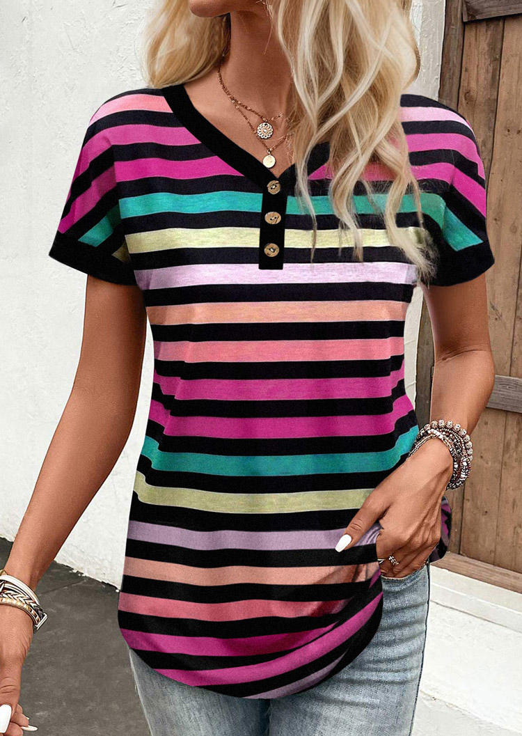 

Blouses Colorful Striped Button V-Neck Blouse in Multicolor. Size: ,XL