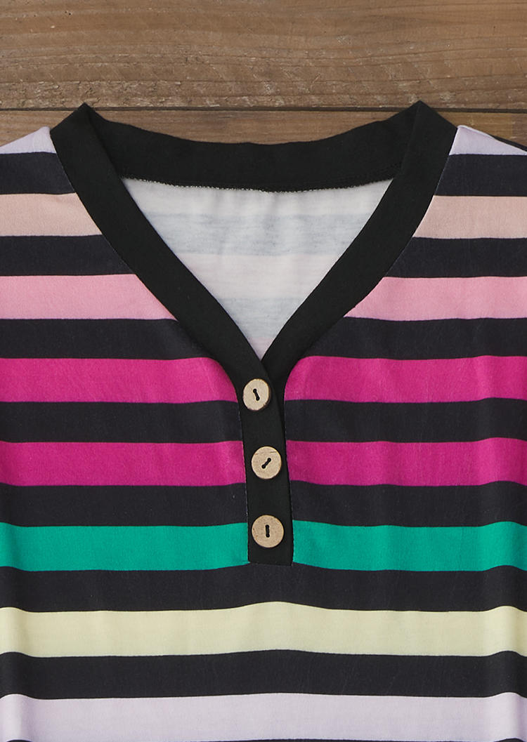 Colorful Striped Button V-Neck Blouse