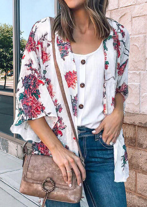Floral Three Quarter Sleeve Open Front Cardigan