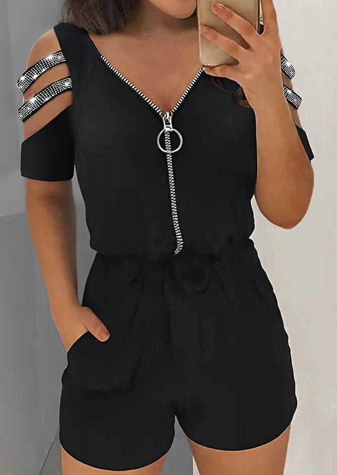 

Jumpsuits & Rompers Glitter Zipper Pocket Cold Shoulder Romper in Black. Size