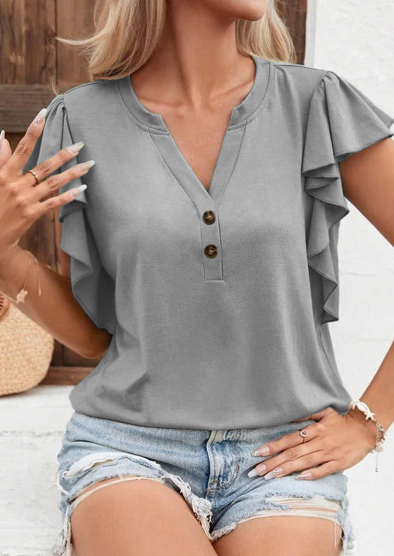 

Blouses Ruffled Button Notched Neck Blouse in Gray. Size: L,,XL