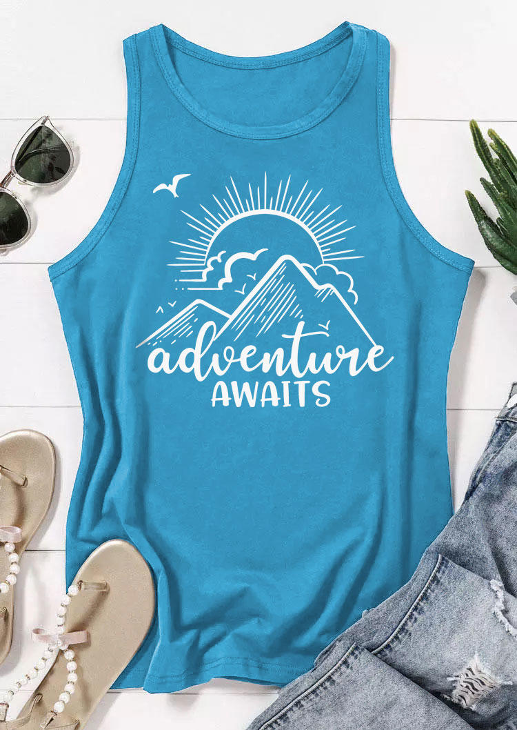 

Tank Tops Adventure Awaits Racerback Tank Top in Blue. Size