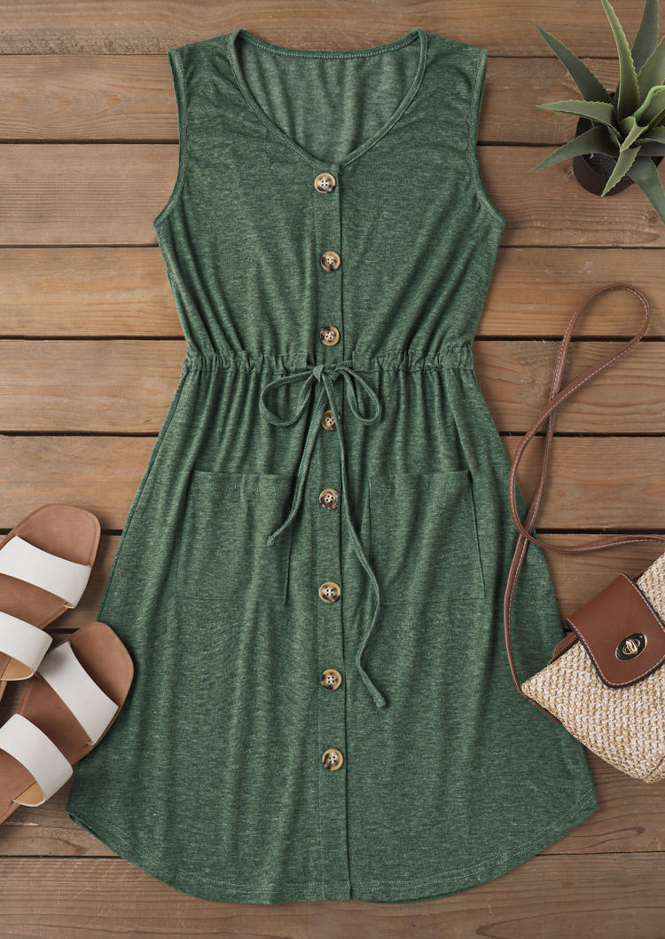 

Mini Dresses Button Drawstring Pocket V-Neck Mini Dress in Green. Size: L,M,,XL