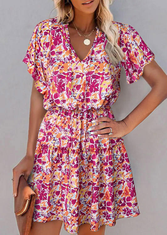 Floral Ruffled Tie V-Neck Mini Dress
