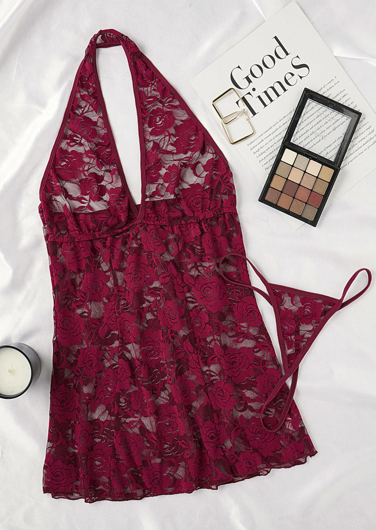 

Lingerie Lace Open Back Halter Lingerie Set - Burgundy in Red. Size