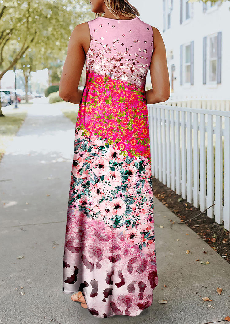 

Maxi Dresses Floral Leopard Ruffled Sleeveless Maxi Dress in Pink. Size: L,M,,XL