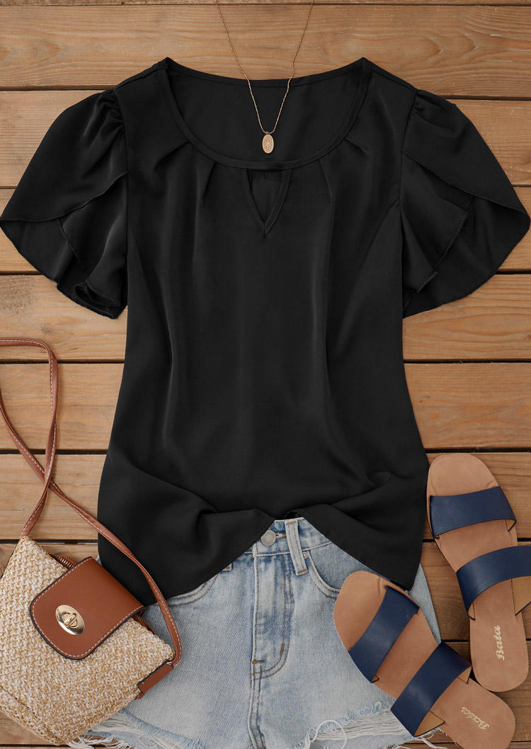 

Blouses Ruffled Hollow Out Keyhole Neck Blouse in Black. Size