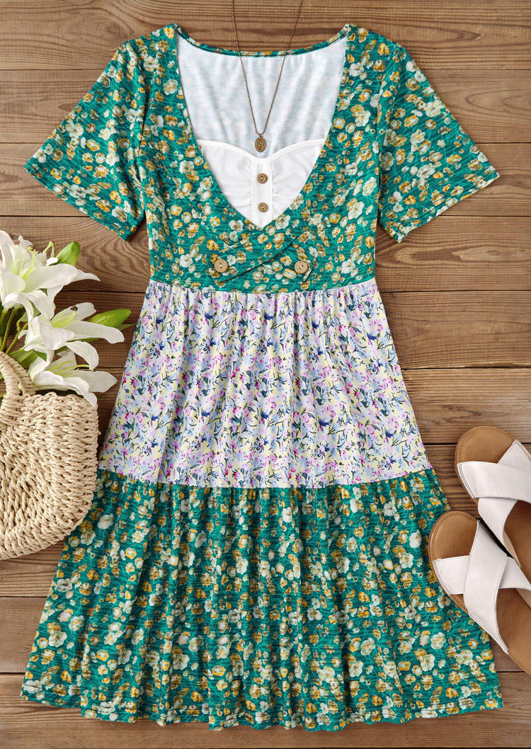 

Mini Dresses Ditsy Floral Color Block Ruffled Fake Two-Piece Mini Dress in Multicolor. Size: L,M,,XL