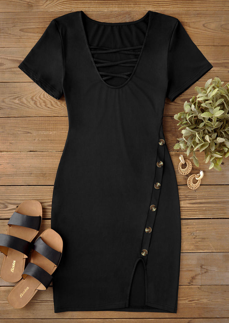 

Bodycon Dresses Button Criss-Cross Slit Short Sleeve Bodycon Dress in Black. Size: L,M,,XL