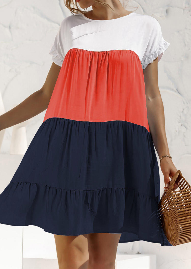 Color Block Ruffled Loose O-Neck Mini Dress