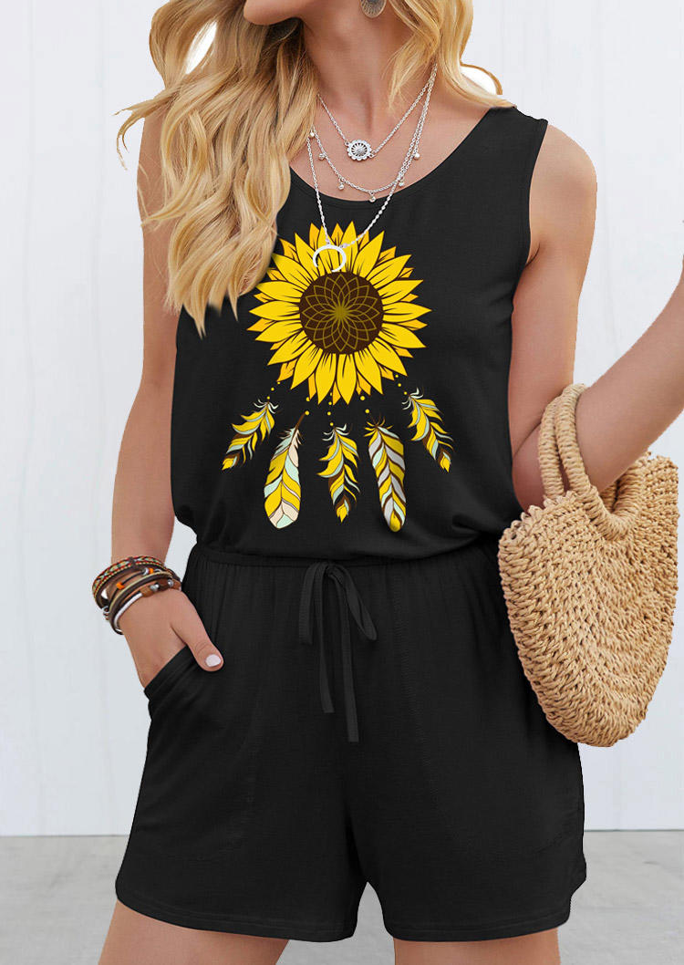

Jumpsuits & Rompers Sunflower Feather Pocket Drawstring Sleeveless Romper in Black. Size: L,M,,XL