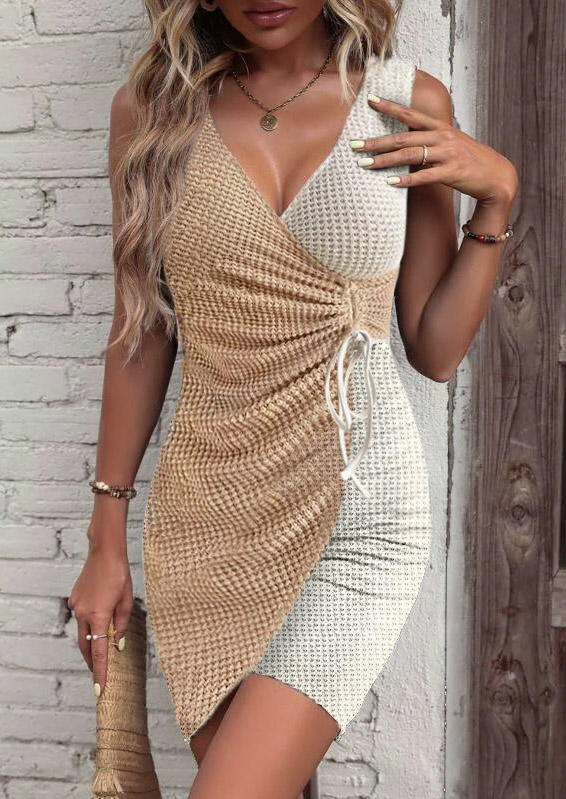 Color Block Drawstring V-Neck Mini Dress