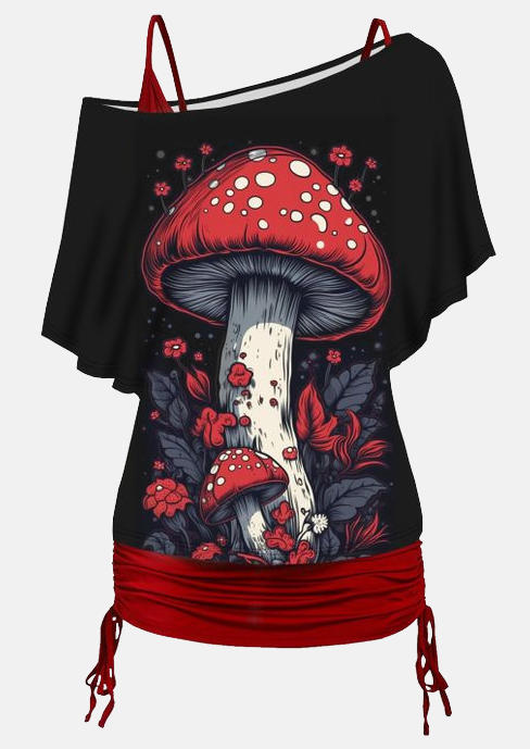 

Blouses Mushroom Drawstring Fake Two-Piece Blouse in Black. Size: L,M