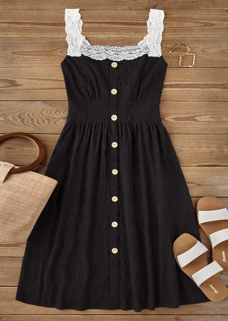 

Mini Dresses Lace Splicing Button Ruffled Mini Dress in Black. Size: L,M,,XL