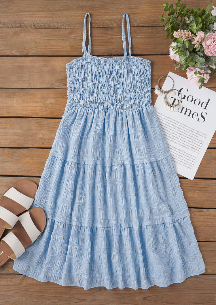 

Mini Dresses Ruffled Smocked Spaghetti Strap Mini Dress in Blue. Size: L,M,,XL
