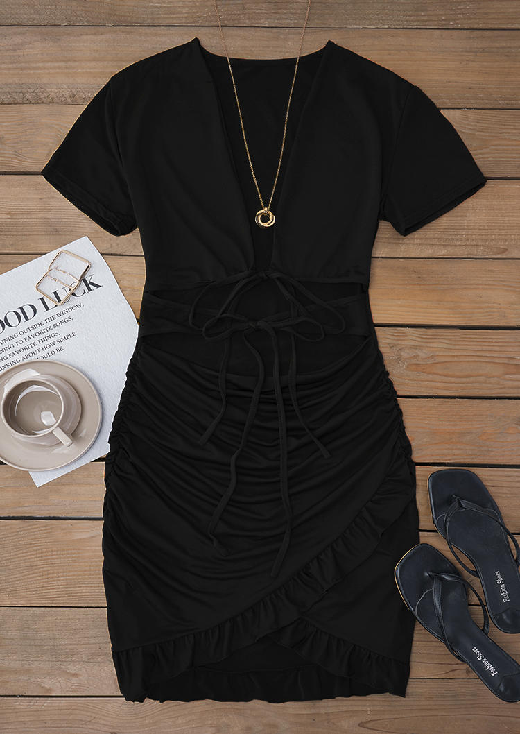 

Bodycon Dresses Hollow Out Ruffled Tie Bodycon Dress in Black. Size: L,M
