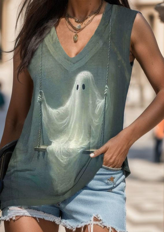 

Tank Tops Halloween Swing Ghost V-Neck Tank Top in Multicolor. Size: L,M,,XL