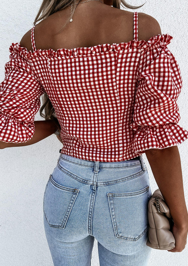 

Blouses Plaid Ruffled Spaghetti Strap Cold Shoulder Blouse in Multicolor. Size: L,M,,XL