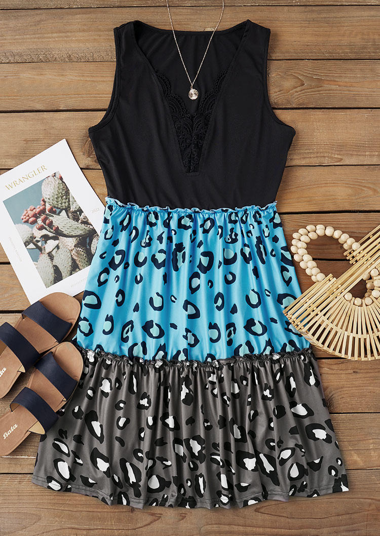 

Mini Dresses Leopard Color Block Lace Splicing Ruffled Mini Dress in Multicolor. Size