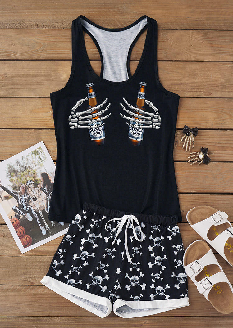 

Sleepwear Funny Skeleton Hand Skull Drinking Tank And Shorts Pajamas Set in Black. Size: L,M,,XL